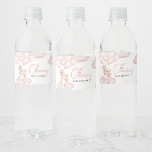 ピンクのベビークマのバルーンベビーシャワー ペットボトルラベル (ボトル)