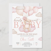 ピンクのベビークマのバルーンベビーシャワー 招待状 (正面)