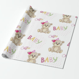 ピンクのベビークマの水色ベビーガールシャワーギフト ラッピングペーパー