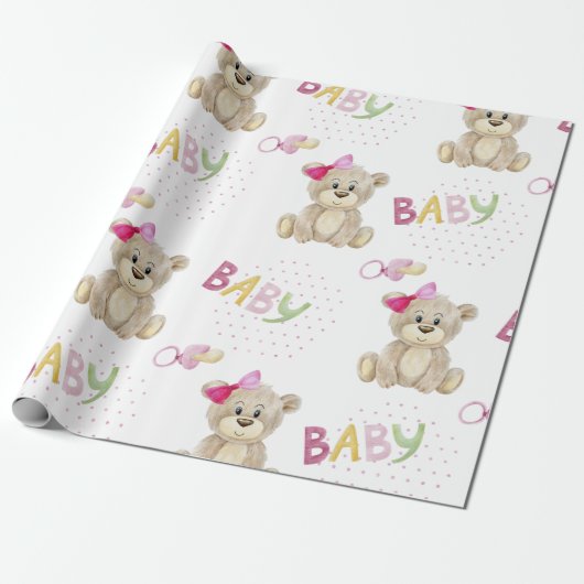 ピンクのベビークマの水色ベビーガールシャワーギフト ラッピングペーパー (アンロールド)