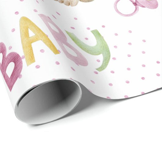 ピンクのベビークマの水色ベビーガールシャワーギフト ラッピングペーパー (ロールコーナー)