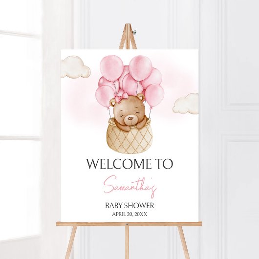 ピンクのベビークマ熱い空気バルーンベビーシャワーへようこそ ポスター