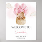 ピンクのベビークマ熱い空気バルーンベビーシャワーへようこそ ポスター (正面)