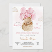 ピンクのベビークマ熱い空気バルーンベビーシャワー 招待状 (正面)