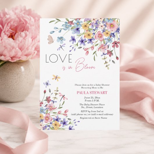 ピンクのベビーシャワーとトンボ Love is in Bloom 招待状