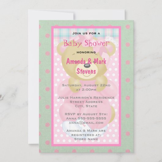 ピンクのベビーシャワーに登場するかわいいくまのぬいぐるみ 招待状 (正面)