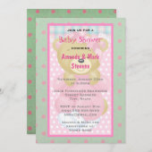 ピンクのベビーシャワーに登場するかわいいくまのぬいぐるみ 招待状 (正面/裏面)