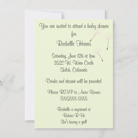 ピンクのベビーシャワーのためのタンポポの願い 招待状 (裏面)