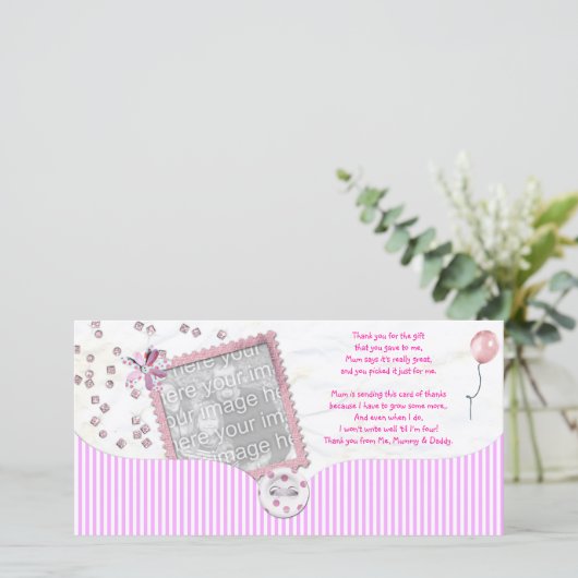 ピンクのベビーシャワーはベビーからの写真カード感謝していしています サンキューカード (スタンド正面)