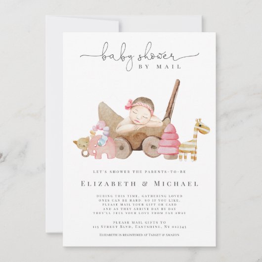  ピンクのベビーシャワーバイメールガールボホロングディスタンス  招待状 (正面)