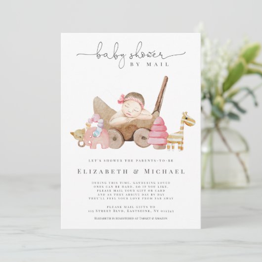  ピンクのベビーシャワーバイメールガールボホロングディスタンス  招待状 (スタンド正面)