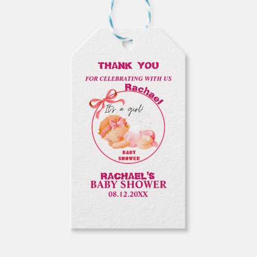 ピンクのベビーシャワー、女の子のベビーシャワー ギフトタグ (正面)