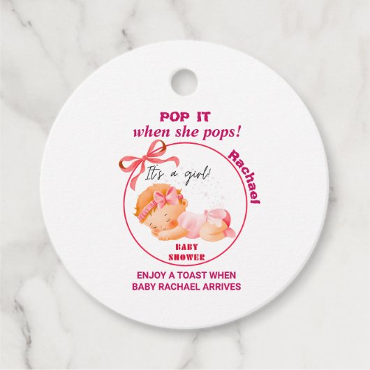 ピンクのベビーシャワー、女の子のベビーシャワー フェイバータグ (正面)