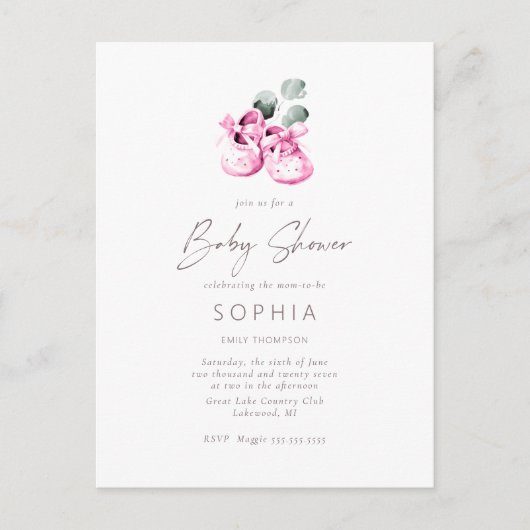 ピンクのベビーシューズ繊細な赤ちゃんシャワー ポストカード (正面)
