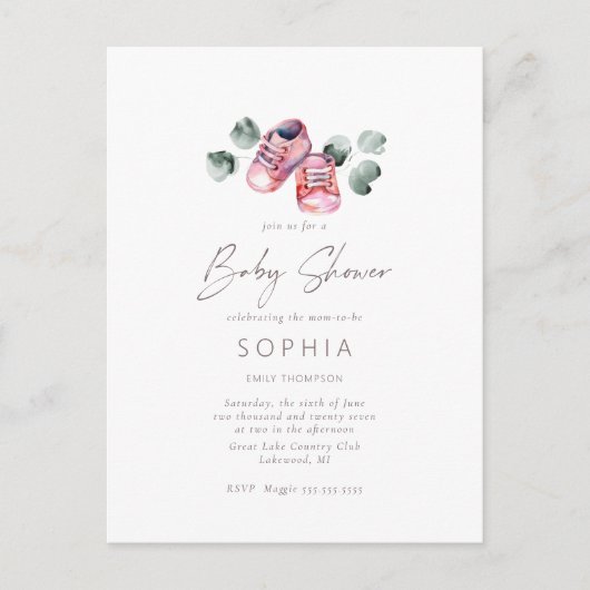 ピンクのベビーシューズ繊細な赤ちゃんシャワー ポストカード (正面)