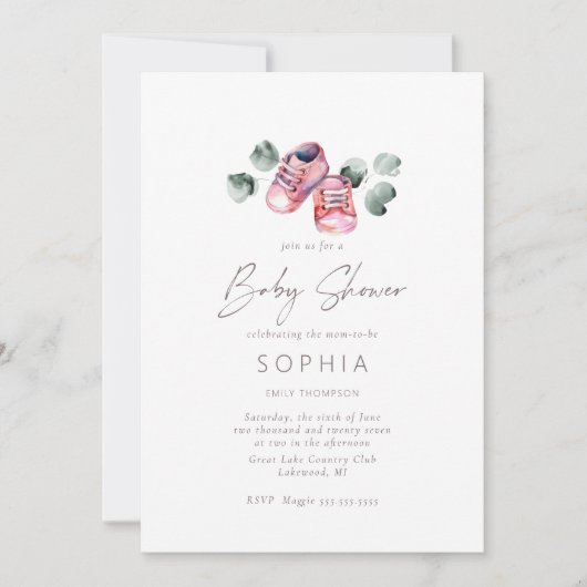 ピンクのベビーシューズ繊細な赤ちゃんシャワー 招待状 (正面)