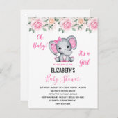 ピンクのベビーゾウとバラ縁どベビーシャワー インビテーションポストカード (正面/裏面)