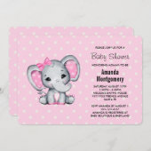 ピンクのベビーゾウと水玉模様赤ちゃんシャワー 招待状 (正面/裏面)