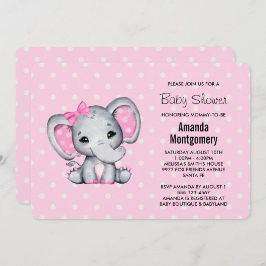 ピンクのベビーゾウと水玉模様赤ちゃんシャワー 招待状 (正面/裏面)