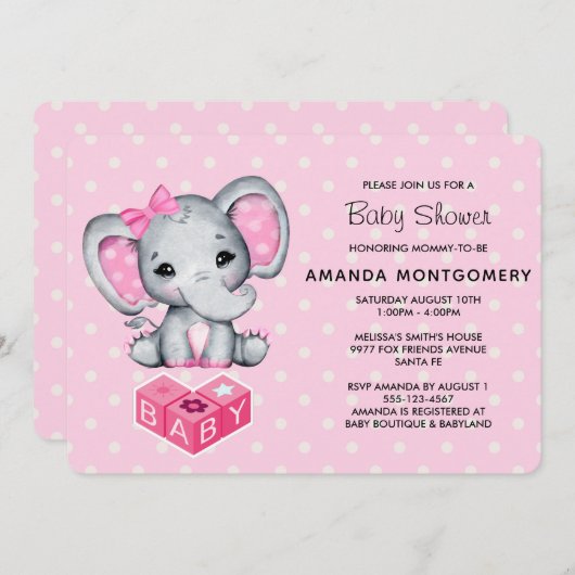 ピンクのベビーゾウと水玉模様赤ちゃんシャワー 招待状 (正面/裏面)