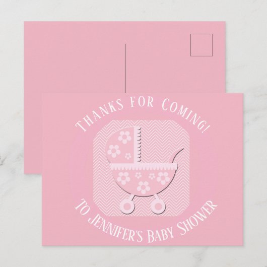 ピンクのベビーバギー 女の子のシャワー お礼 ポストカード (正面/裏面)