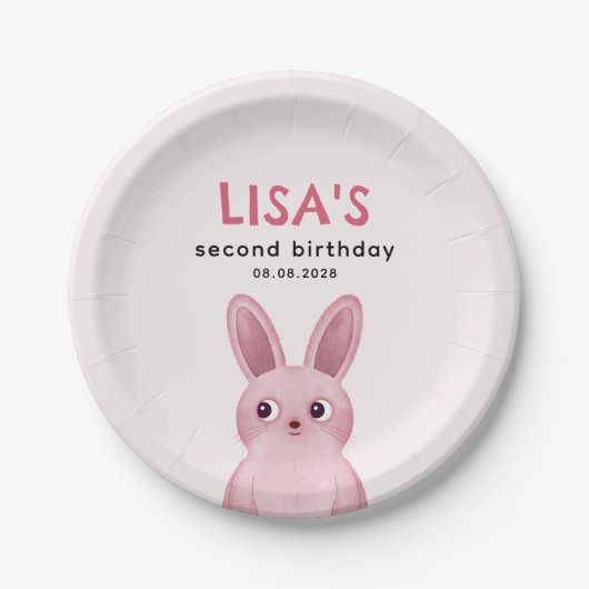 ピンクのベビーバニーと女の子の誕生日パーティー ペーパープレート (正面)