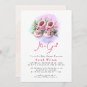 ピンクのベビーブーティフローラ水色ベビーシャワー 招待状 (正面/裏面)