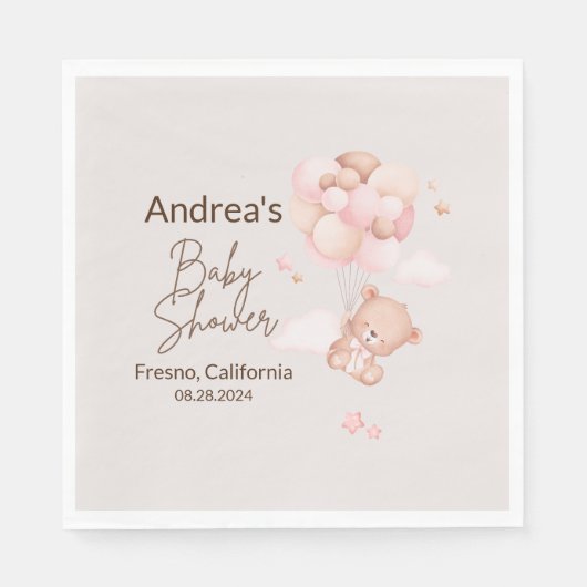 ピンクのベビーベア&バルーン赤ちゃんシャワーパーティーナプキン スタンダードランチョンナプキン (正面)