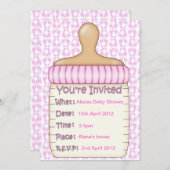 ピンクのベビーボトルのシャワー招待 招待状 (正面/裏面)