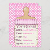 ピンクのベビーボトルシャワー招待状のスポット 招待状 (正面/裏面)