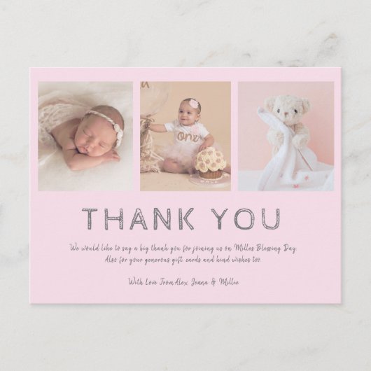 ピンクのベビー写真サンキューカード、バプテスマ/ガールズ ポストカード (正面)