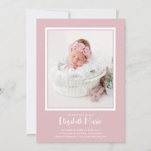 ピンクのベビー写真 出生 案内状 (正面)