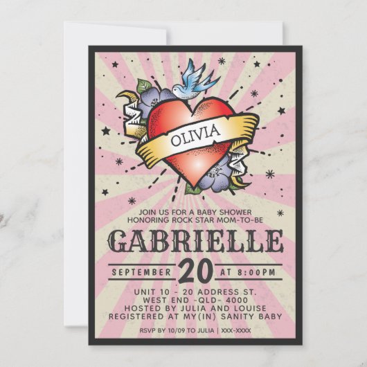 ピンクのベビー名岩とロールタトゥーベビーシャワー 招待状 (正面)