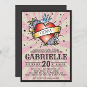 ピンクのベビー名岩とロールタトゥーベビーシャワー 招待状 (正面/裏面)