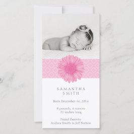 ピンクのベビー告知フォトカード 案内状