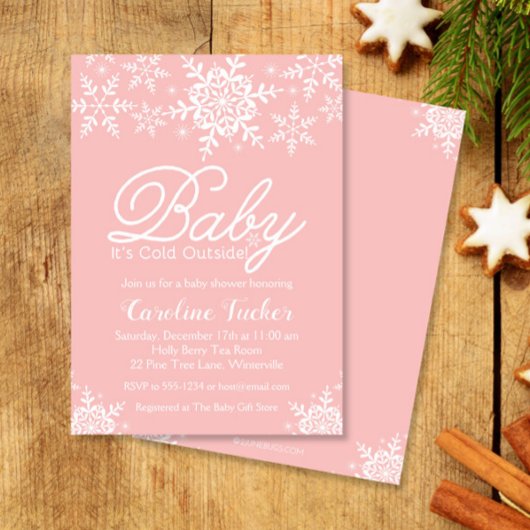ピンクのベビー外が寒い赤ちゃんシャワー雪 招待状