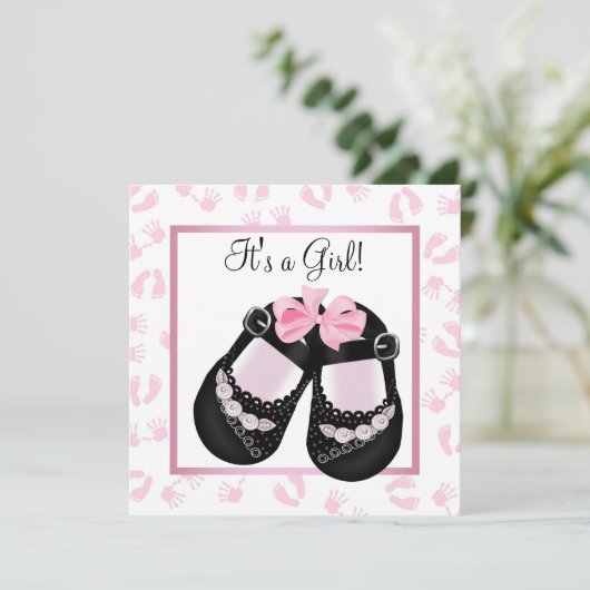 ピンクのベビー手と足跡ベビーシャワー 招待状 (スタンド正面)