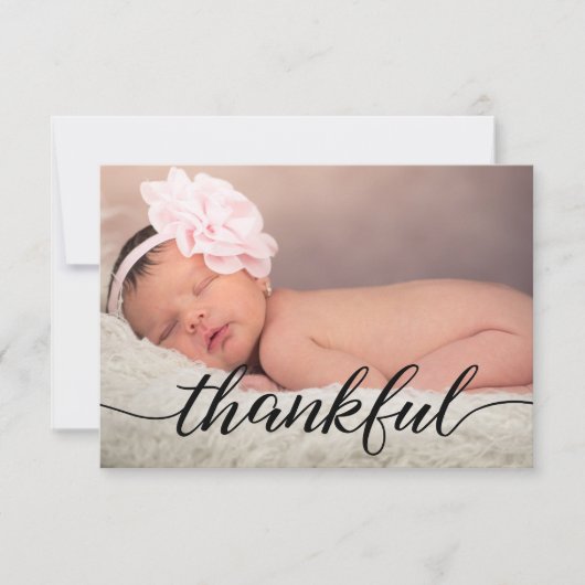 ピンクのベビー発表Thankful Script, black type 招待状 (正面)