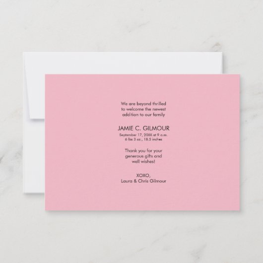ピンクのベビー発表Thankful Script, black type 招待状 (裏面)