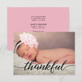 ピンクのベビー発表Thankful Script, black type 招待状 (正面/裏面)