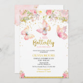 ピンクのベビー蝶の赤ちゃんシャワーの招待状 招待状 (正面/裏面)