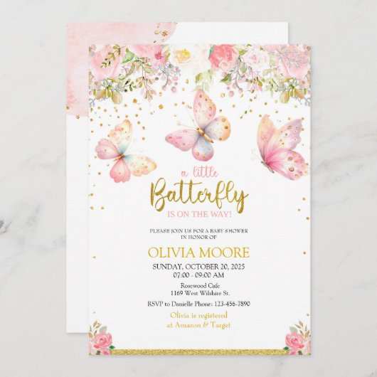 ピンクのベビー蝶の赤ちゃんシャワーの招待状 招待状 (正面/裏面)