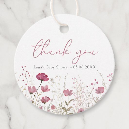 ピンクのベビー開花フローラワイルドフラワーベビーシャワー フェイバータグ (正面)