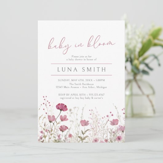 ピンクのベビー開花フローラワイルドフラワーベビーシャワー 招待状 (スタンド正面)