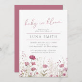 ピンクのベビー開花フローラワイルドフラワーベビーシャワー 招待状 (正面/裏面)
