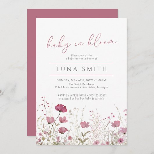 ピンクのベビー開花フローラワイルドフラワーベビーシャワー 招待状 (正面/裏面)