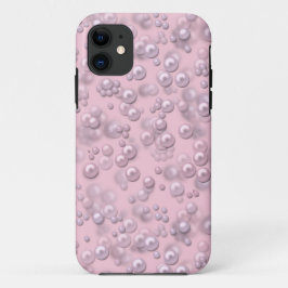 ピンクのベルベットに白いピンクの真珠のプラッシャー iPhone 11 ケース
