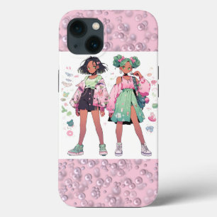 ピンクのベルベットに白いピンクの真珠のプラッシャー iPhone 13ケース