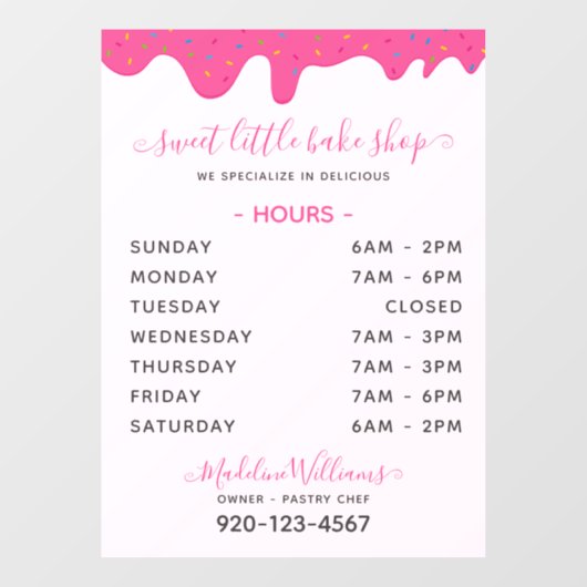 ピンクのベーカリーつや消しドリップ時間ウィンドウ ウィンドウサイン (シート)