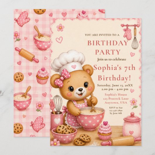 ピンクのベーキングベアの7歳の誕生日パーティー 招待状 (正面/裏面)